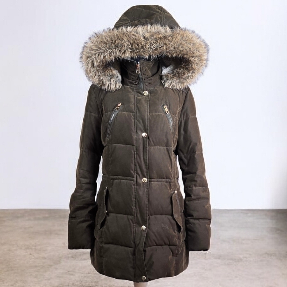 Nautica Faux Fur Trim Hooded Puffer Parka Utility Winter Coat Y2K Chic Sz. M